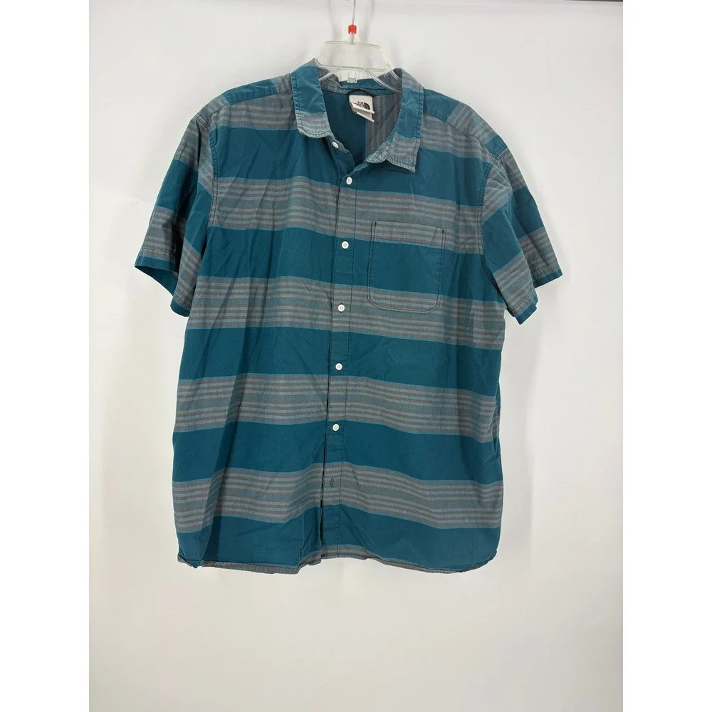 The‎ North Face Men's Striped Short Sleeve Button Up Shirt XXL Teal Gray